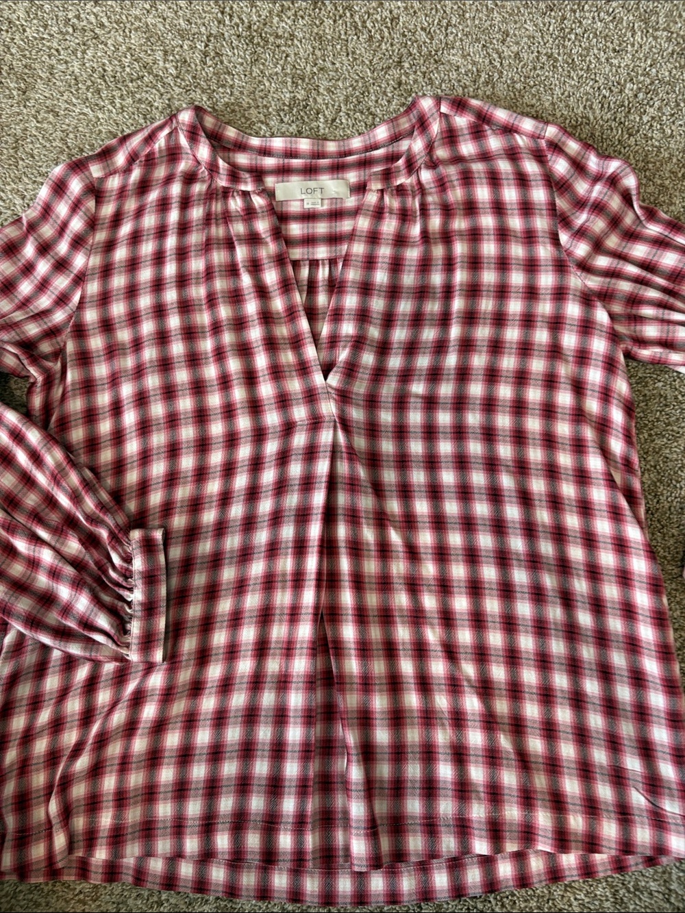 LOFT Red and White Plaid Women’s V-Neck Tunic